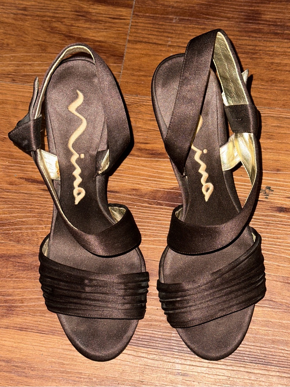 Nina Brown Satin Ruched Strappy Heeled Sandals Side Bow Size 7M